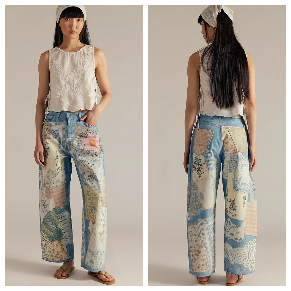 Free People We The Free Illusions Printed Relaxed Jeans in Sky Combo - Picture 2 of 16